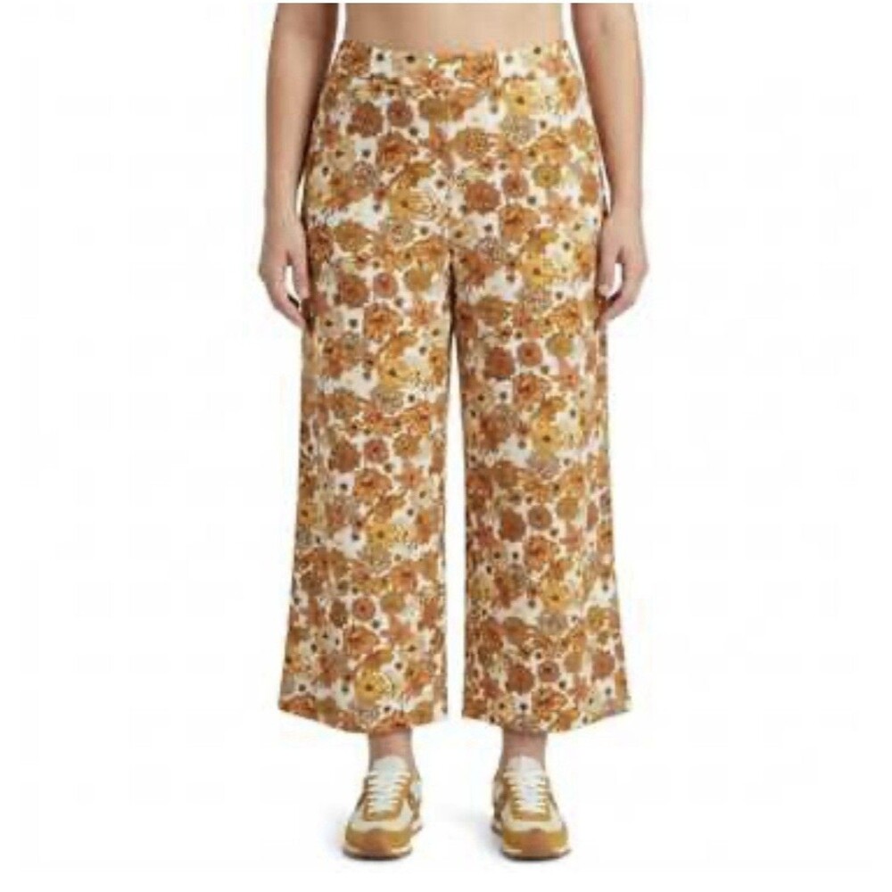 Haver and Blair London Linen Pants floral orange white yellow Wide Leg Ankle S